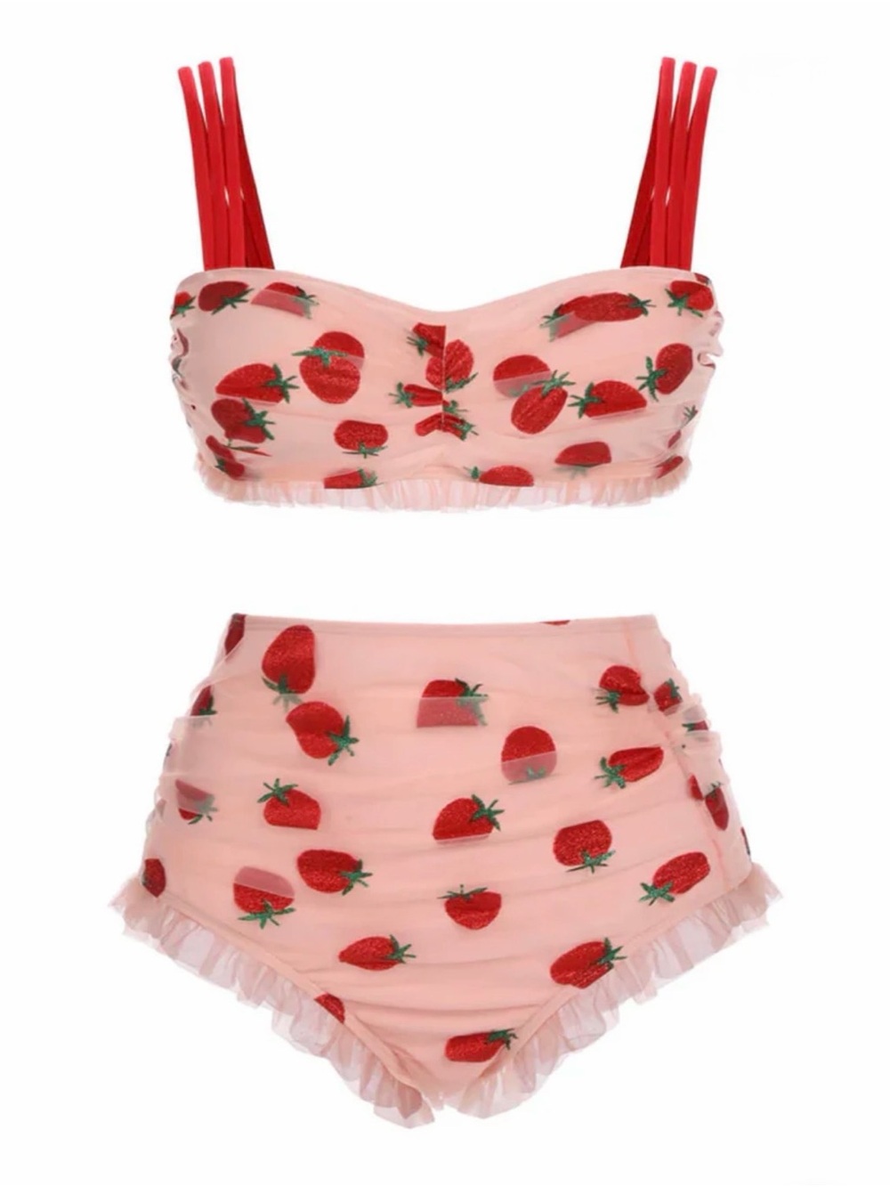 1960s style Pink Bandeau Bikini with Red Strawberry Print